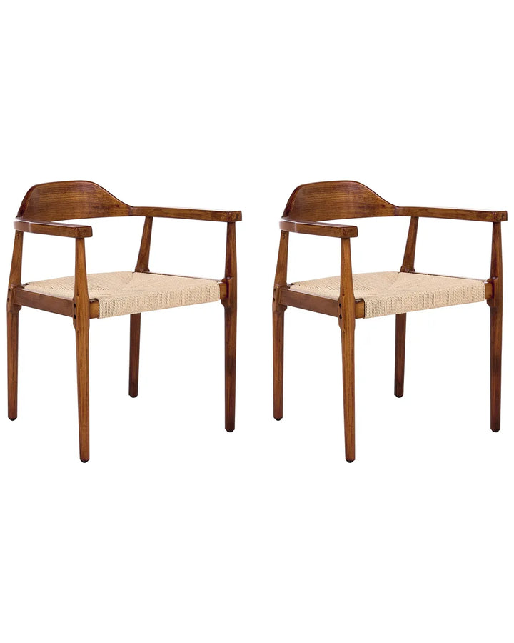 Two wooden chairs with woven seats on a white background