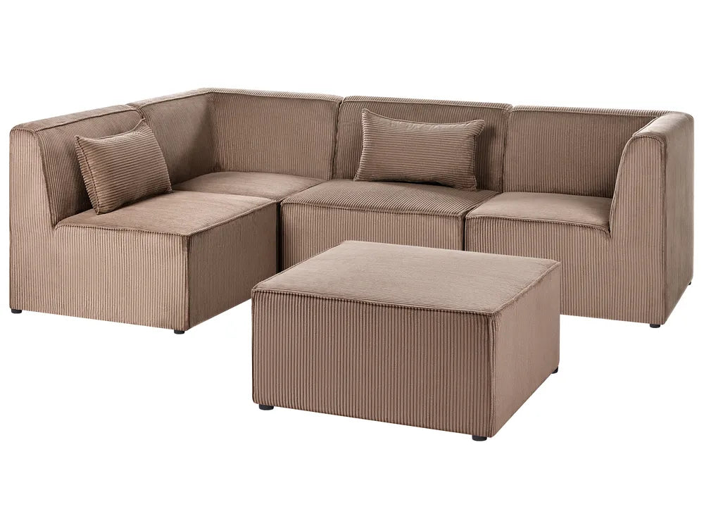 A modern L-shaped sectional sofa in a taupe corduroy fabric, featuring two matching throw pillows and a matching square ottoman, set against a plain white background.