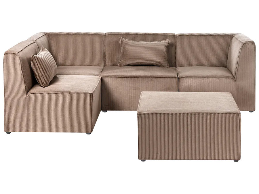 A modern L-shaped sectional sofa in a taupe corduroy fabric, featuring a matching rectangular ottoman and two throw pillows, shown against a plain white background.