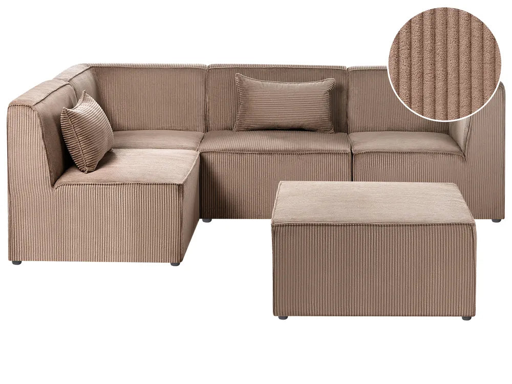 A beige corduroy sectional sofa with matching throw pillows and a matching rectangular ottoman, shown on a plain white background with a circular fabric close-up inset in the top right.