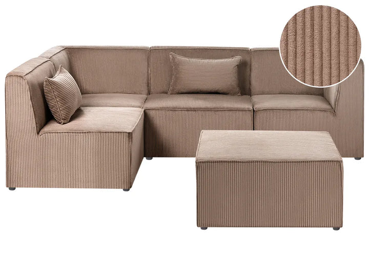 A beige corduroy sectional sofa with matching throw pillows and a matching rectangular ottoman, shown on a plain white background with a circular fabric close-up inset in the top right.