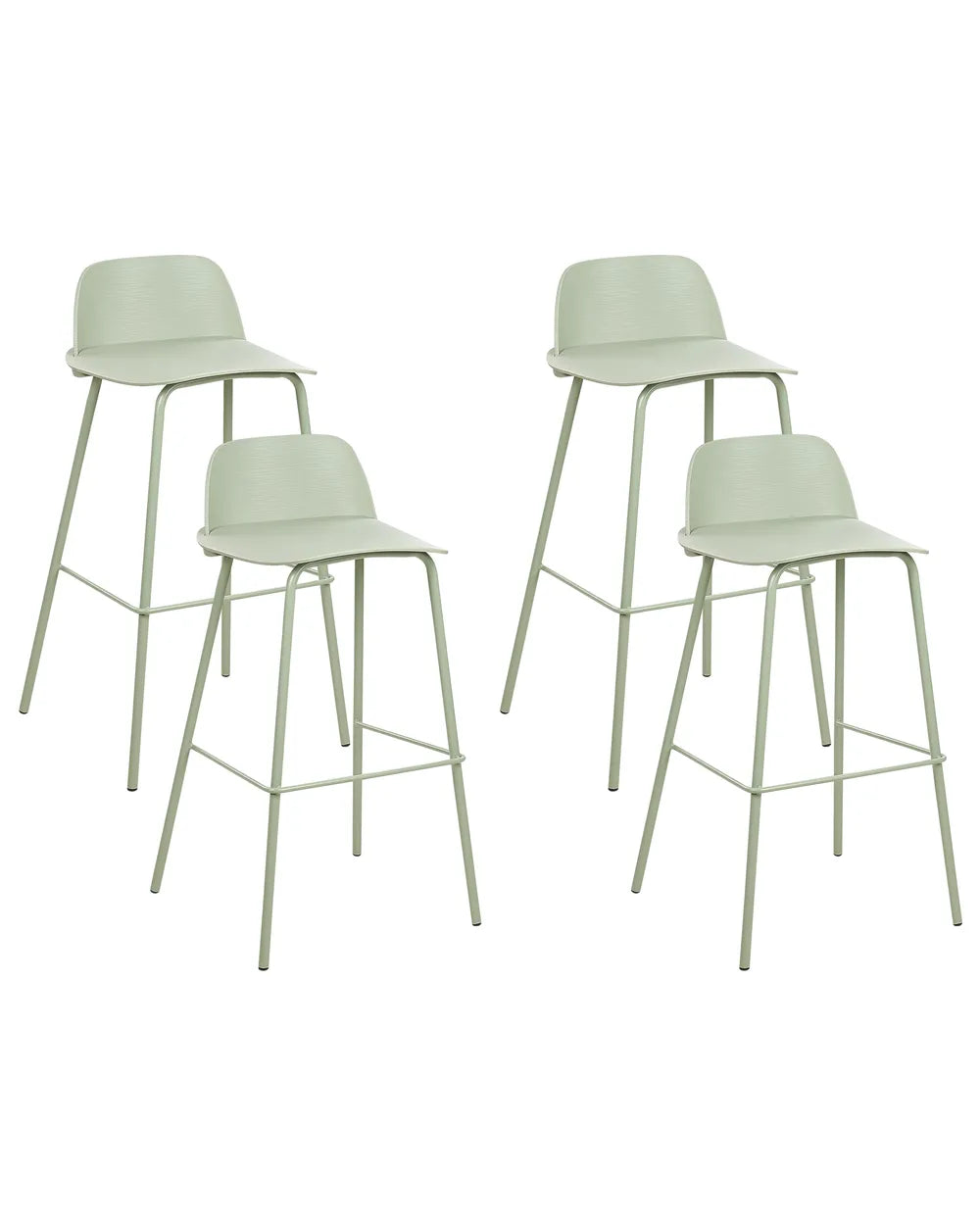 Four modern bar stools with light sage green molded plastic seats and slim metal legs, arranged on a plain white background.