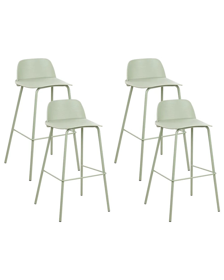 Four modern bar stools with light sage green molded plastic seats and slim metal legs, arranged on a plain white background.