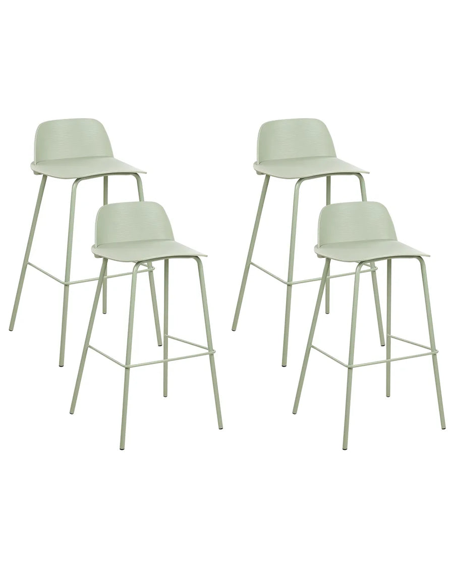 Four modern bar stools with light sage green molded plastic seats and slim metal legs, arranged on a plain white background.