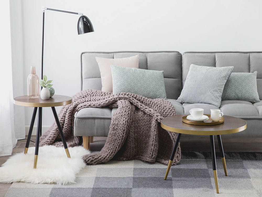 Cozy living room with a gray sofa, throw blanket, and decorative pillows.