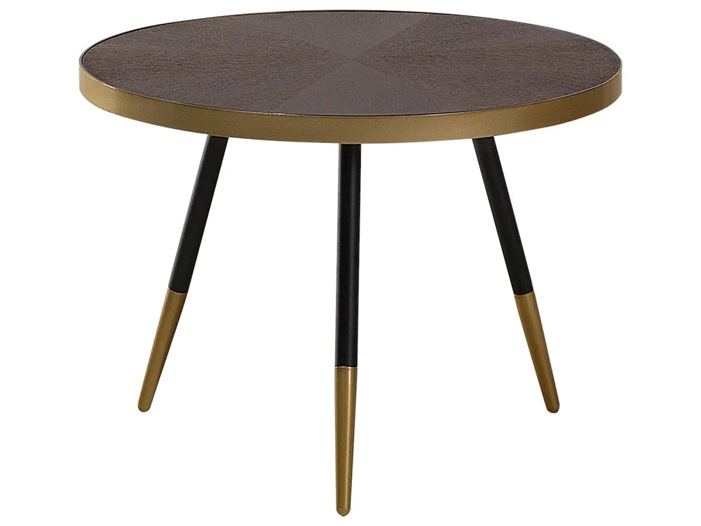 Round table with a dark brown top and black legs with gold accents on a white background