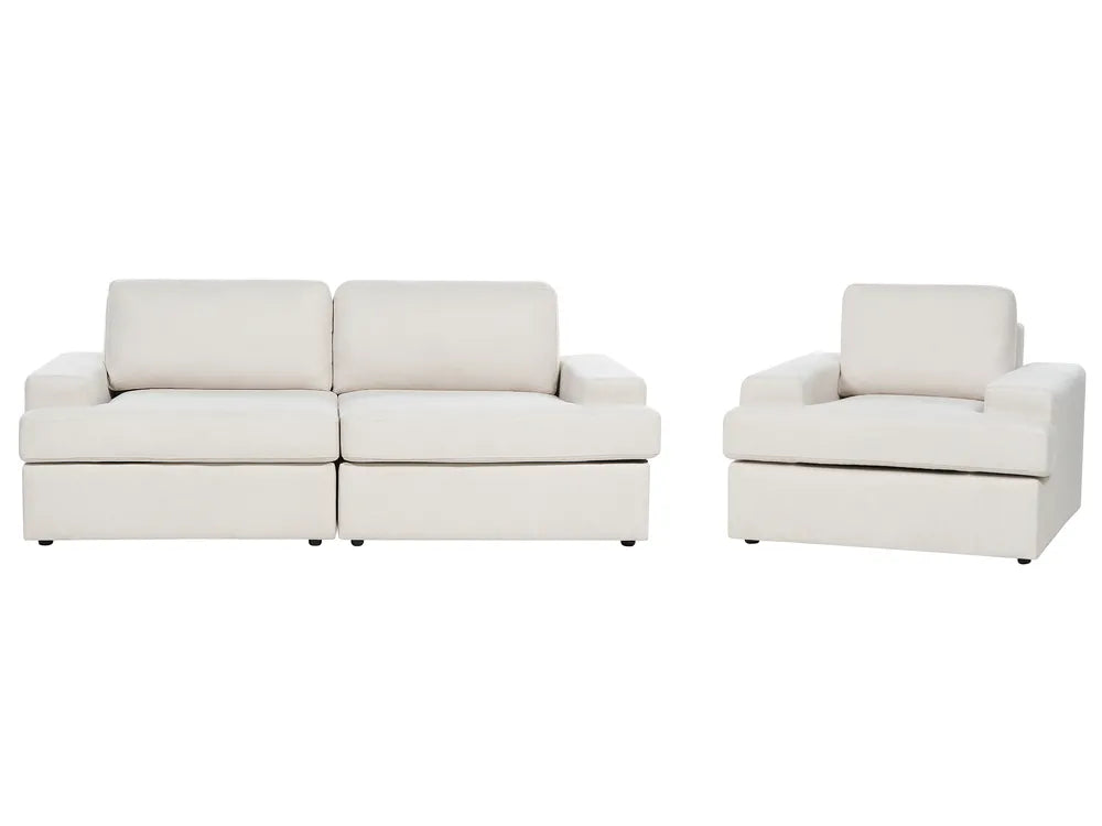 A two-piece living room furniture set consisting of a two-seater sofa and a single armchair, upholstered in a light cream or off-white fabric, shown against a plain white background.