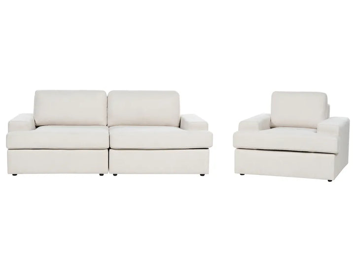 A two-piece living room furniture set consisting of a two-seater sofa and a single armchair, upholstered in a light cream or off-white fabric, shown against a plain white background.