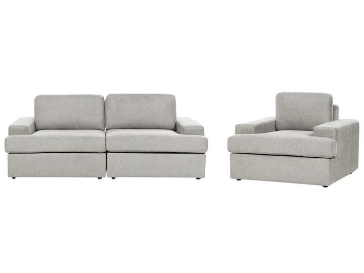 A light gray upholstered two-seater sofa and matching armchair shown side by side on a plain white background.