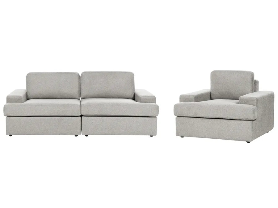 A light gray upholstered two-seater sofa and matching armchair shown side by side on a plain white background.