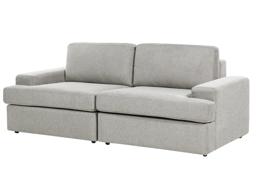 A light gray upholstered loveseat with a low-profile rectangular design, wide armrests, and two back cushions, shown on a plain white background.
