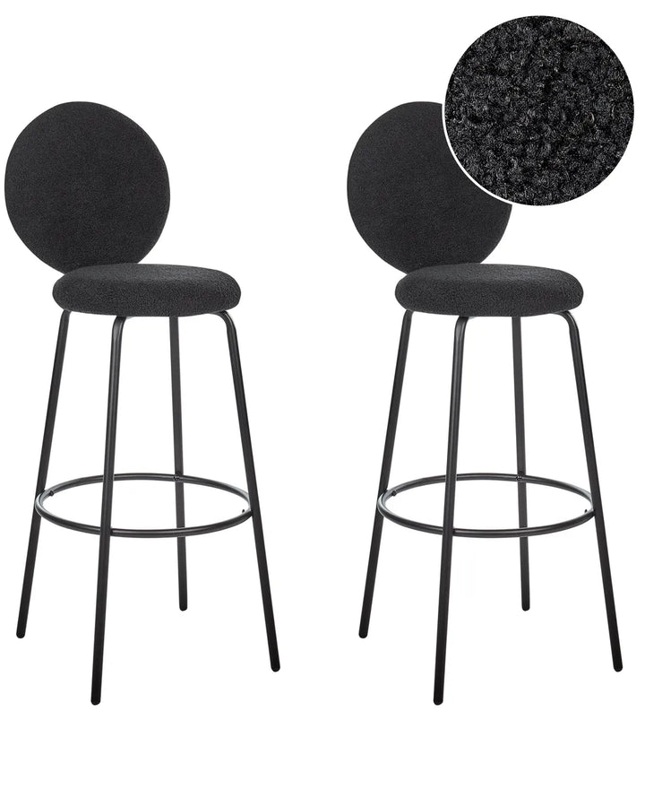 Two black bar stools with a close-up of the seat material on a white background.