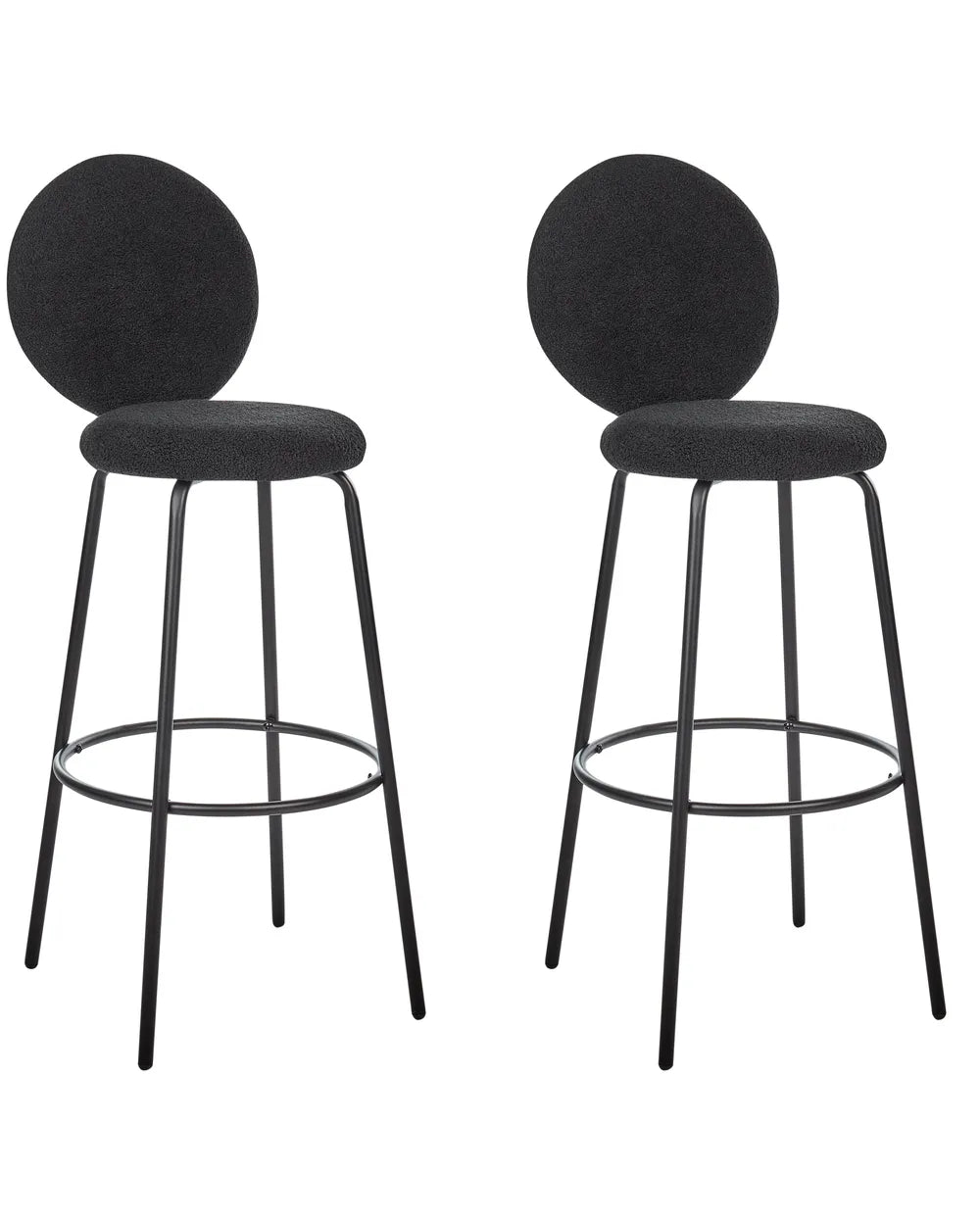 Two green bar stools with black metal legs on a white background