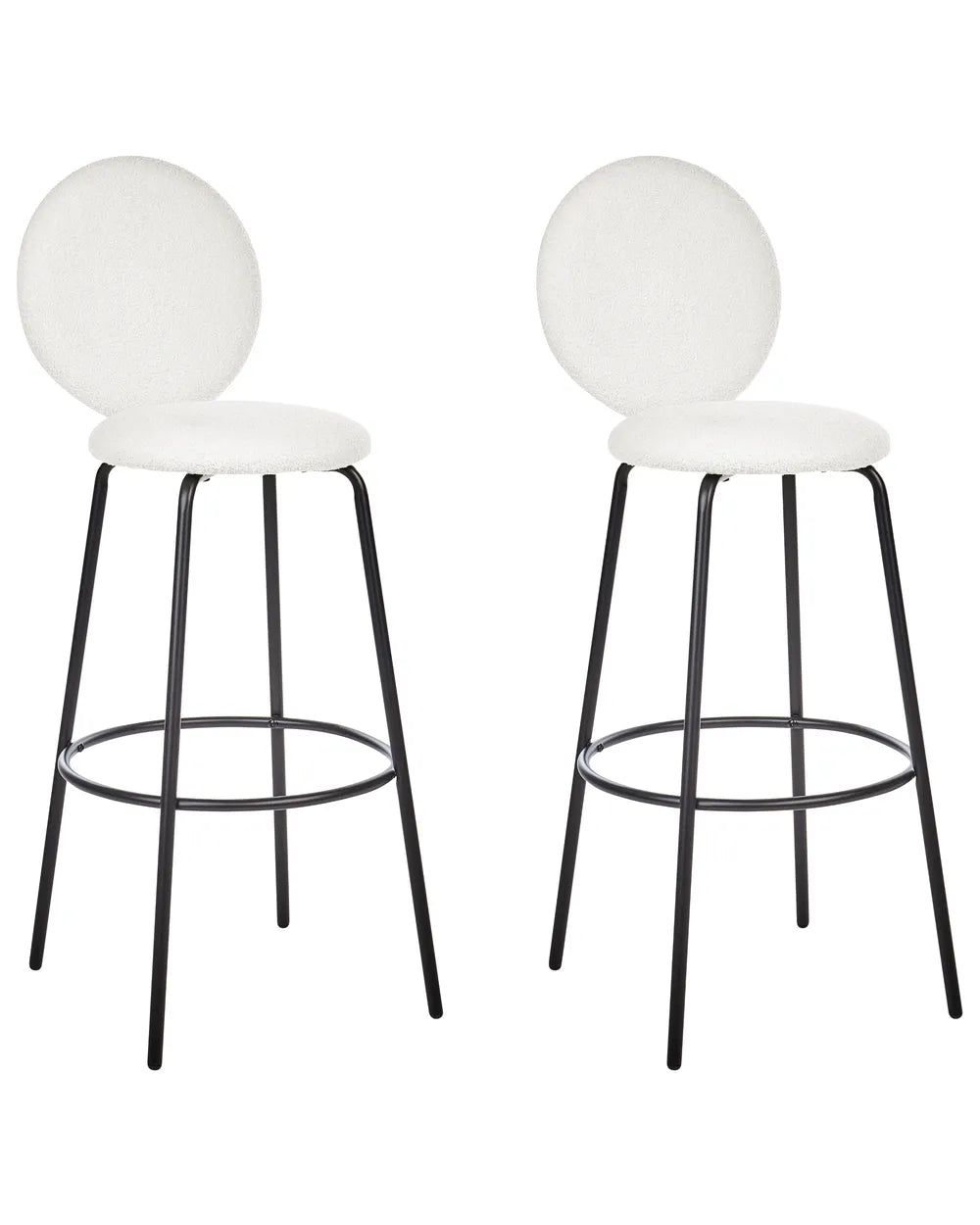 Two modern bar stools with round white upholstered seats and backs and black metal legs, shown on a plain white background.