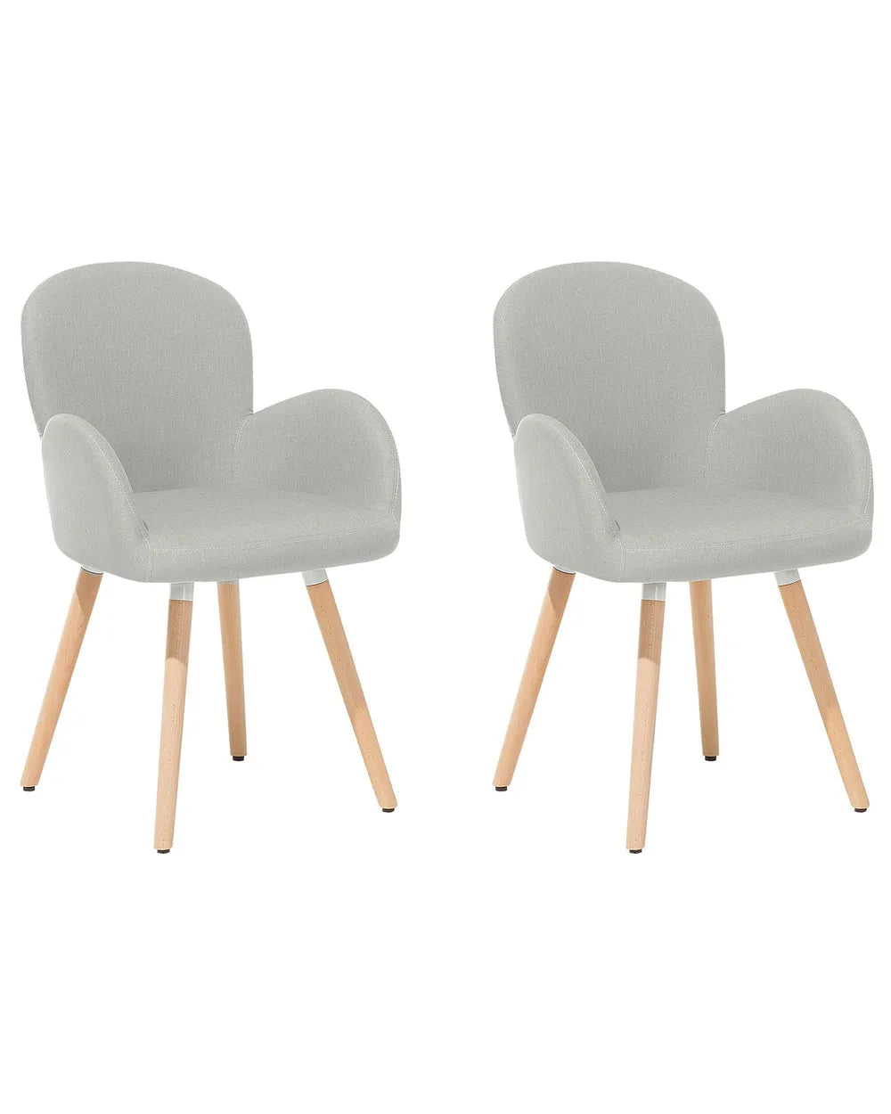 Two modern upholstered dining chairs with light gray fabric seats and curved wooden legs, shown side by side on a plain white background.