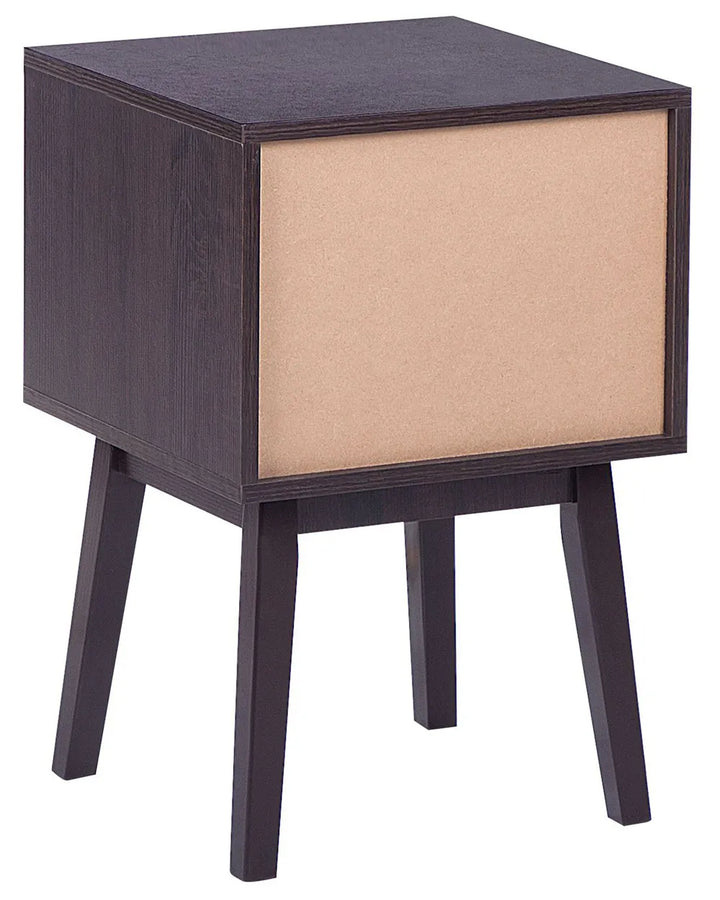 A dark brown wooden nightstand with a single open shelf and one drawer featuring a green palm leaf pattern on a white background, set against a plain white background.
