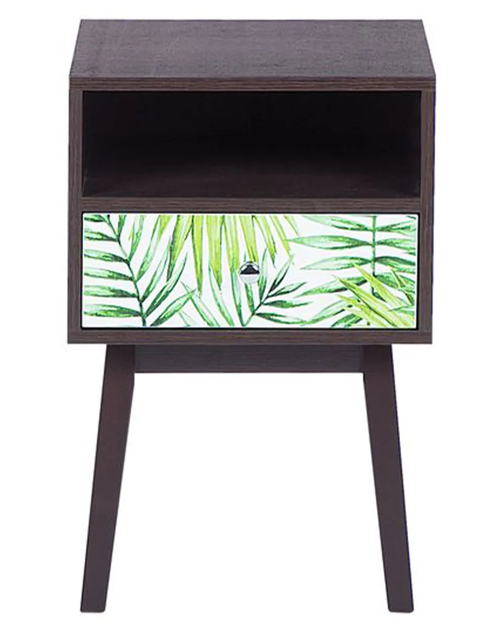 A dark brown wooden nightstand with a single open shelf and one drawer featuring a green palm leaf pattern on a white background, set against a plain white background.