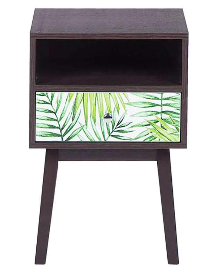 A dark brown wooden nightstand with a single open shelf and one drawer featuring a green palm leaf pattern on a white background, set against a plain white background.