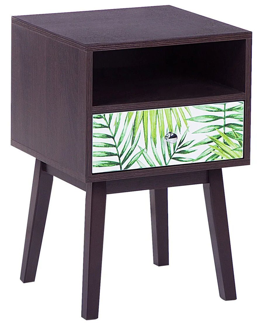 Dark wood side table with a drawer featuring green leaf pattern