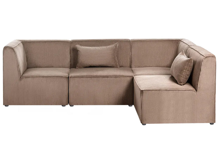 A modern L-shaped sectional sofa upholstered in a textured taupe corduroy fabric, featuring two matching throw pillows, shown against a plain white background.