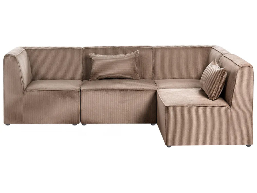 A modern L-shaped sectional sofa upholstered in a textured taupe corduroy fabric, featuring two matching throw pillows, shown against a plain white background.