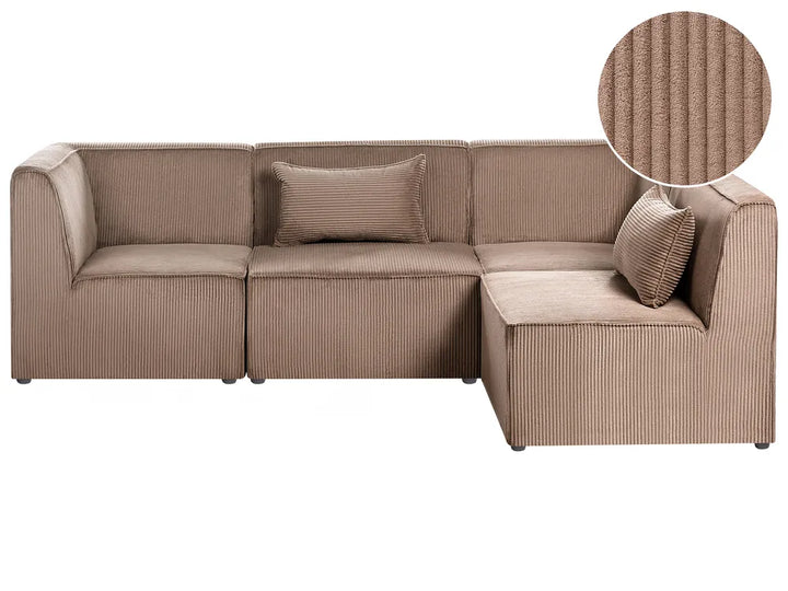 Beige sectional sofa with textured surface and close-up detail on a white background