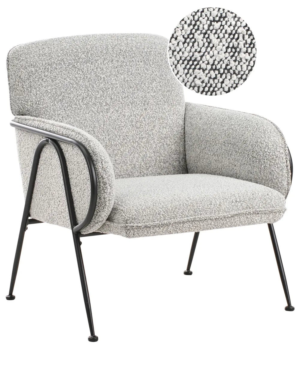 Gray upholstered armchair with black metal legs on a white background