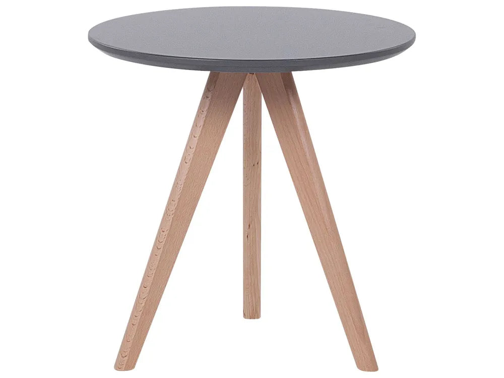 A round side table with a dark gray top and three light natural wood legs, shown against a plain white background.