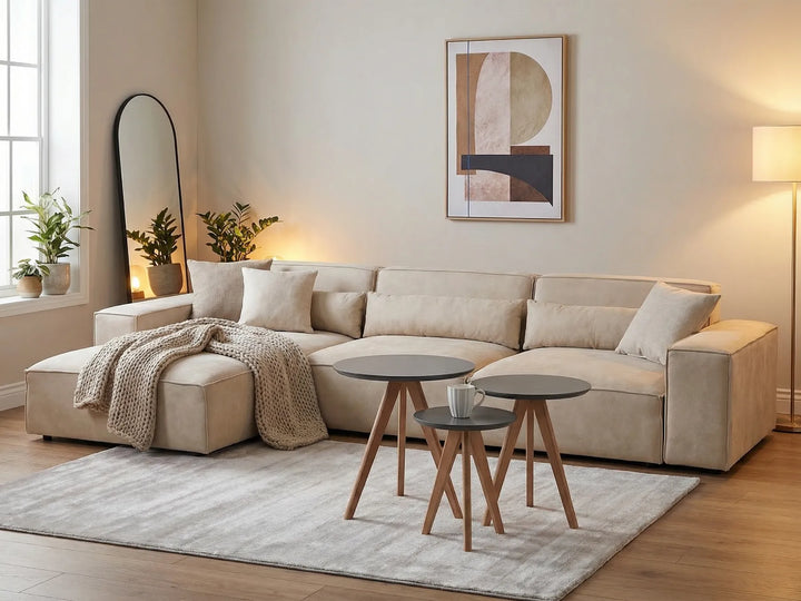 Modern living room with a beige sectional sofa, side tables, and decorative elements.