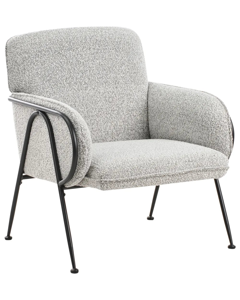 Gray upholstered armchair with black metal legs on a white background