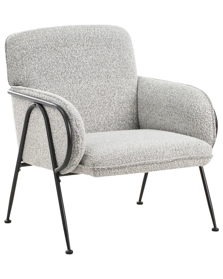 Gray upholstered armchair with black metal legs on a white background