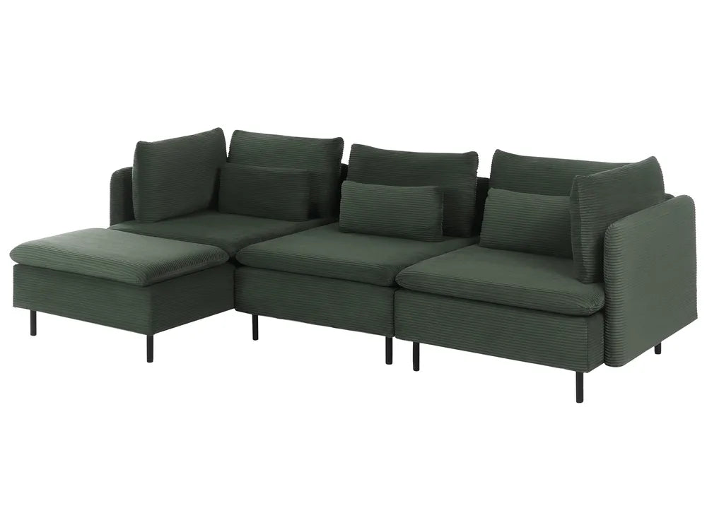 A modern sectional sofa in dark forest green textured fabric, featuring a left-facing chaise ottoman, multiple back cushions, and slim black legs, shown against a plain white background.