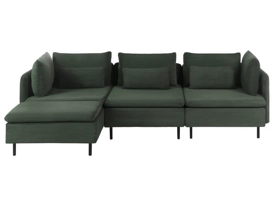 A modern three-seater sectional sofa with a left-facing chaise lounge, upholstered in a textured dark green corduroy fabric, shown against a plain white background.