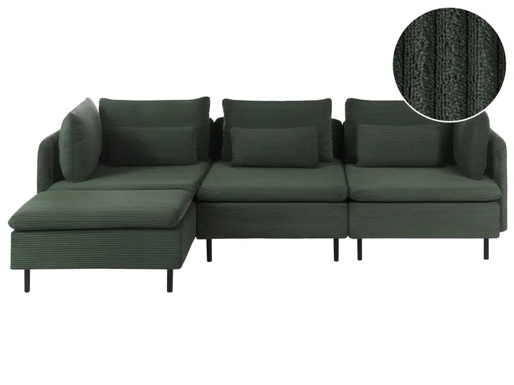 A dark green sectional sofa with a left-facing chaise lounge, shown against a plain white background. A circular inset in the top right corner provides a close-up texture view of the ribbed fabric.