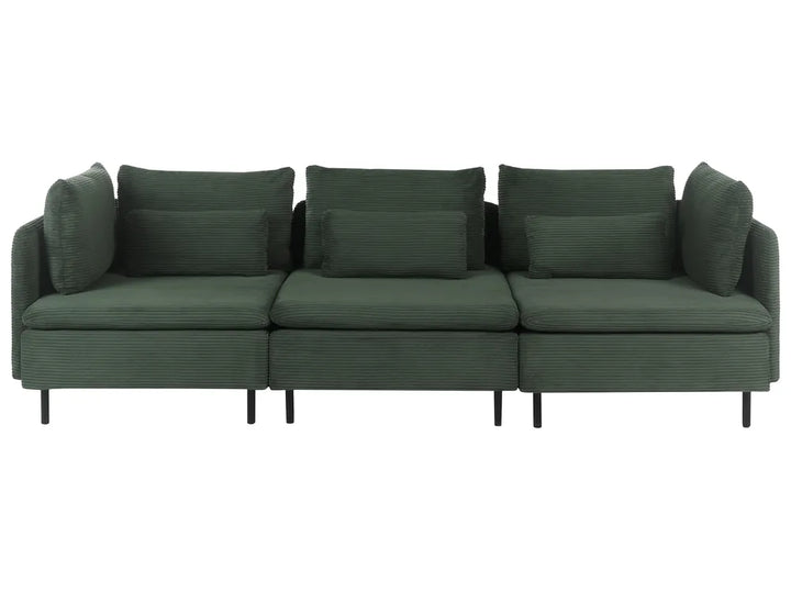 A three-seater sofa upholstered in dark forest green corduroy fabric, featuring three back cushions, three seat cushions, and slim black legs, shown against a plain white background.