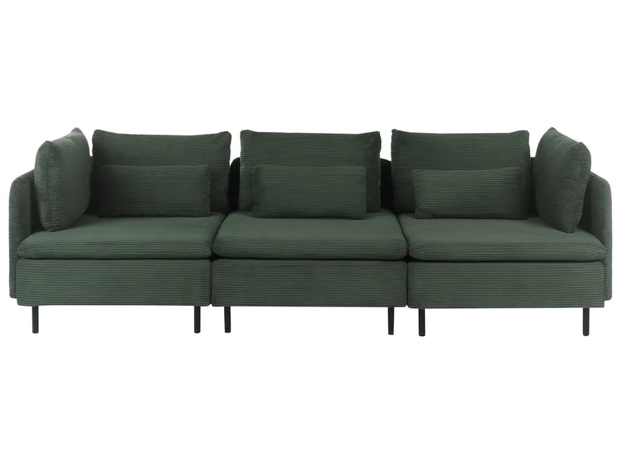 A three-seater sofa upholstered in dark forest green corduroy fabric, featuring three back cushions, three seat cushions, and slim black legs, shown against a plain white background.