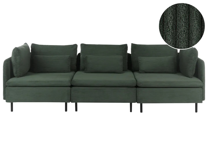 A three-seater sofa upholstered in dark forest green corduroy fabric, featuring three back cushions, three seat cushions, and slim black legs, shown against a plain white background.