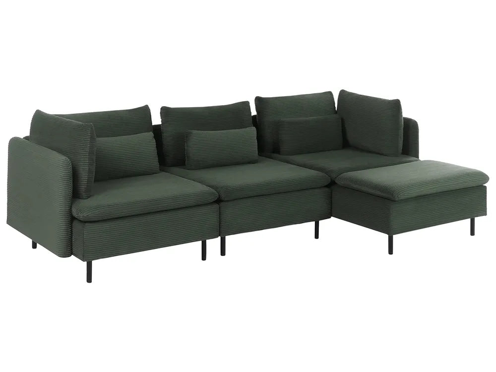 A modern sectional sofa in dark green textured fabric, featuring a left armrest, multiple back cushions, and a right-facing chaise lounge, shown against a plain white background.