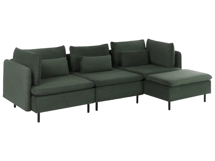 A modern sectional sofa in dark green textured fabric, featuring a left armrest, multiple back cushions, and a right-facing chaise lounge, shown against a plain white background.