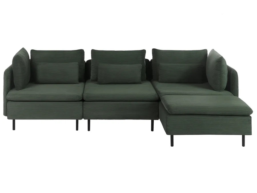 A dark green sectional sofa with a right-facing chaise lounge, featuring textured ribbed fabric upholstery and slim black legs, shown against a plain white background.
