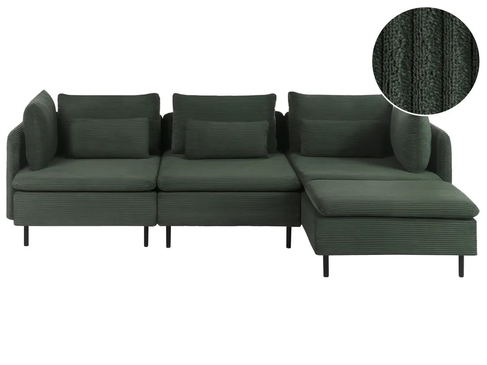 A dark green sectional sofa with a chaise lounge on the right side, shown against a plain white background. A circular inset in the top right shows a close-up of the textured fabric.