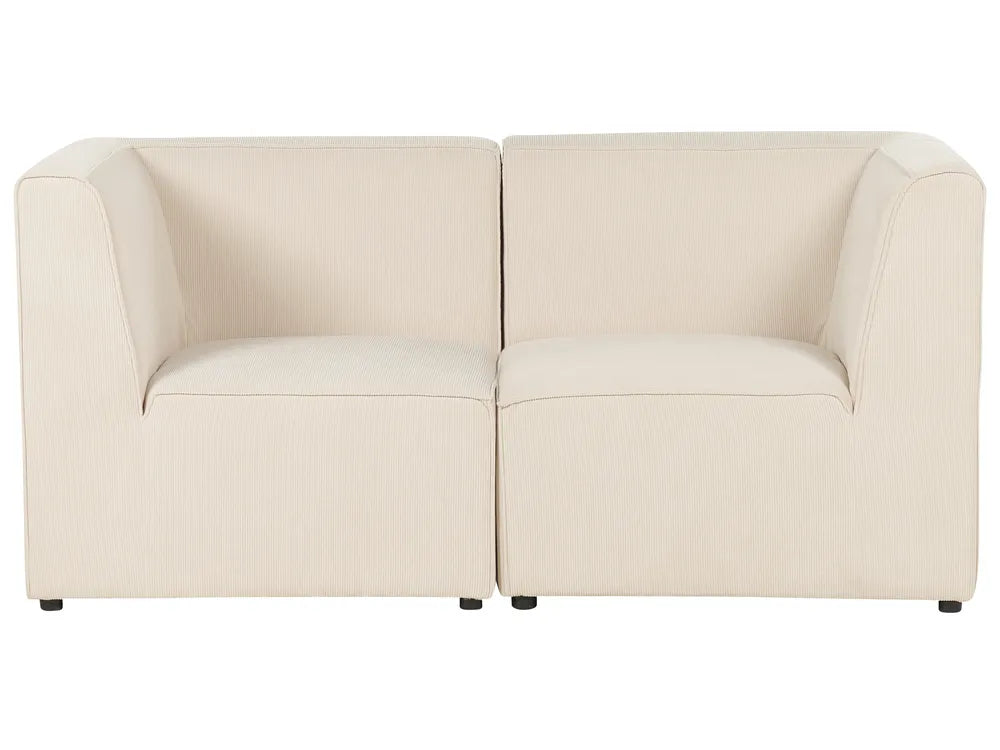 A modern two-seater loveseat sofa upholstered in a warm cream or off-white textured fabric, shown against a plain white background.