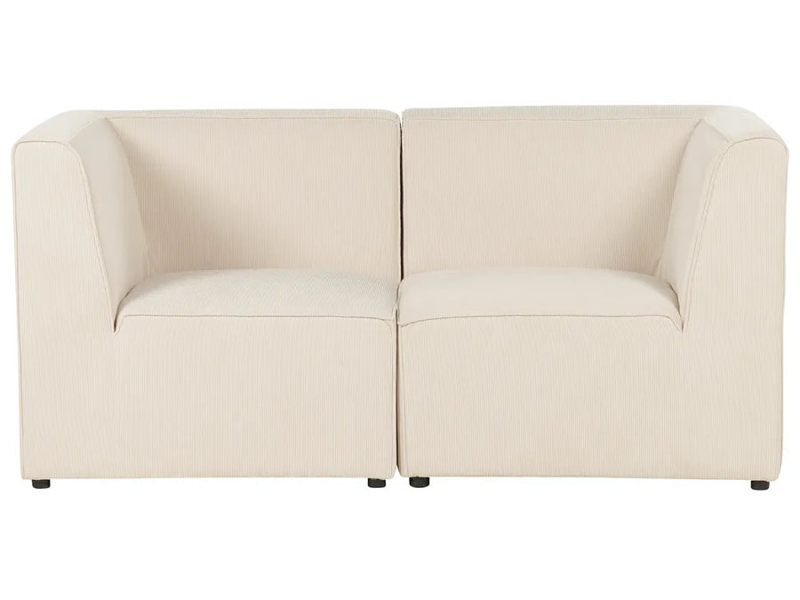 A modern two-seater loveseat sofa upholstered in a warm cream or off-white textured fabric, shown against a plain white background.