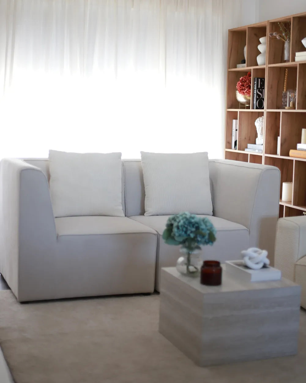 A modern light beige sectional sofa with two square back cushions, styled in a bright living room next to a wooden bookshelf and a low concrete coffee table.