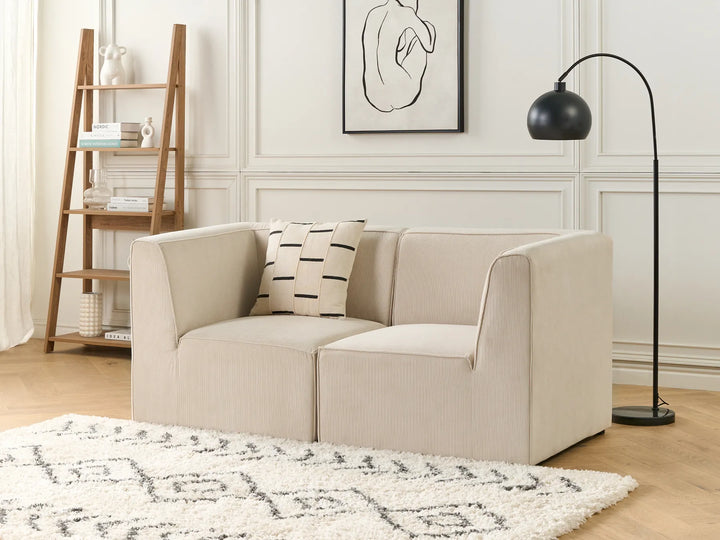Beige sofa with a decorative pillow in a living room setting.