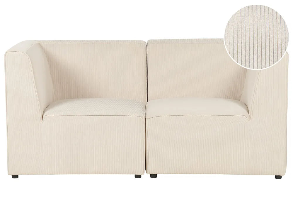A two-seat sofa upholstered in a light cream fabric, shown from the front against a plain white background. A circular inset in the top right shows a close-up of the textured fabric weave.