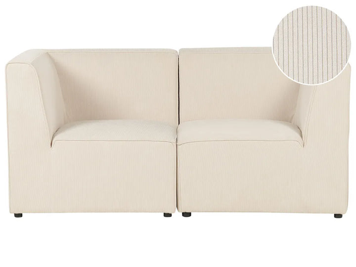 A two-seat sofa upholstered in a light cream fabric, shown from the front against a plain white background. A circular inset in the top right shows a close-up of the textured fabric weave.