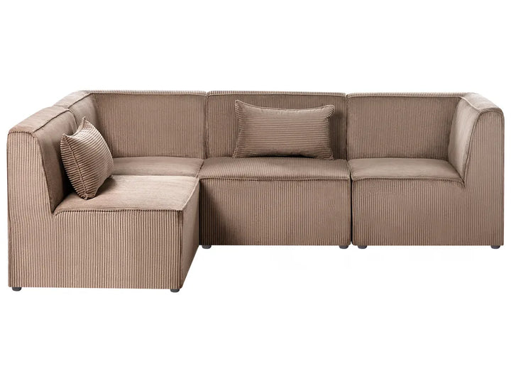 A modern sectional sofa upholstered in a textured taupe corduroy fabric, featuring a left-facing chaise lounge and two matching throw pillows, shown against a plain white background.