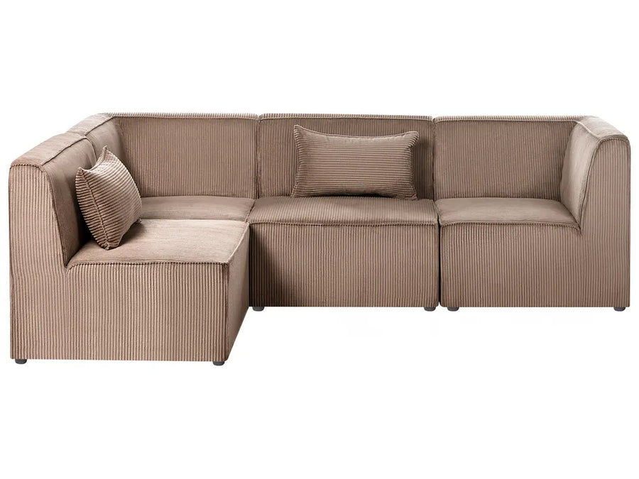 A modern sectional sofa upholstered in a textured taupe corduroy fabric, featuring a left-facing chaise lounge and two matching throw pillows, shown against a plain white background.