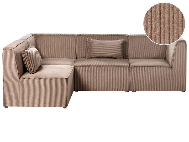 Brown sectional sofa with textured fabric and close-up detail on a white background